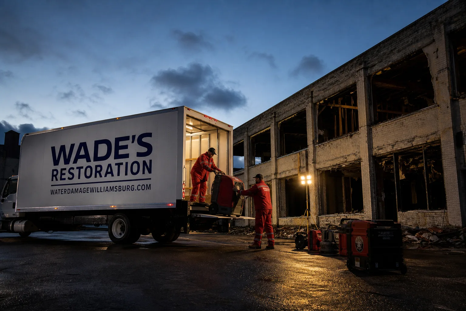 Wade's Restoration damage restoration service vehicle and crew in Williamsburg, NY